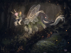 Size: 1280x960 | Tagged: safe, artist:sweettsa1t, oc, oc only, butterfly, butterfly pony, hybrid, pony, antennae, female, flower, flower in hair, fluffy, forest, mare, nature, river, scenery, scenery porn, solo, stream, tree, unshorn fetlocks, water