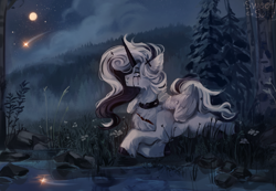 Size: 1365x945 | Tagged: safe, artist:sweettsa1t, oc, oc only, alicorn, pony, alicorn oc, black tears, chest fluff, choker, crying, ear fluff, female, forest, horn, lying down, mare, moon, nature, night, prone, shooting star, solo, stars, tree, unshorn fetlocks, water, wings