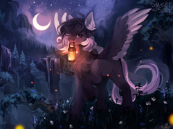 Size: 2217x1662 | Tagged: safe, artist:sweettsa1t, oc, oc only, firefly (insect), insect, pegasus, pony, chest fluff, colored ears, colored wings, commission, crescent moon, ear fluff, female, lantern, mare, moon, mouth hold, night, scenery, solo, spread wings, unshorn fetlocks, water, waterfall, wings