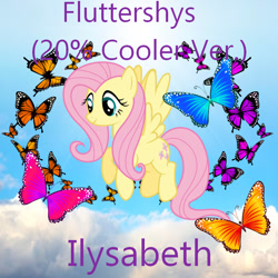 Size: 850x850 | Tagged: safe, artist:ilysabeth, artist:user15432, fluttershy, bee, butterfly, insect, pegasus, pony, album, album cover, blue sky, cloud, flying, smiling, solo, sun