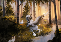 Size: 2298x1603 | Tagged: safe, artist:sweettsa1t, oc, oc only, pegasus, pony, rabbit, animal, chest fluff, ear tufts, forest, nature, river, scenery, solo, spread wings, stream, tree, unshorn fetlocks, water, wings
