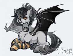 Size: 2193x1680 | Tagged: safe, artist:sweettsa1t, oc, oc only, bat pony, pony, amputee, artificial wings, augmented, cheek fluff, chest fluff, choker, clothes, ear fluff, female, gray background, looking at you, lying down, mare, prone, prosthetic limb, prosthetic wing, prosthetics, simple background, socks, solo, spread wings, striped socks, wings