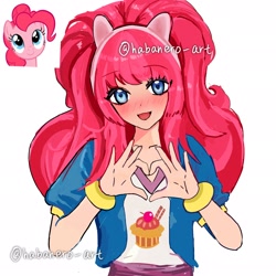 Size: 2048x2048 | Tagged: safe, artist:habanero_art, pinkie pie, human, blushing, headband, heart hands, humanized, looking at you, open mouth, reference used, simple background, smiling, smiling at you, solo, text, white background