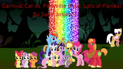 Size: 1280x720 | Tagged: safe, artist:sand-josieph, artist:user15432, apple bloom, applejack, big macintosh, fluttershy, pinkie pie, rainbow dash, rarity, scootaloo, spike, sweetie belle, twilight sparkle, oc, oc:carnival cat, alicorn, dragon, earth pony, pegasus, pony, unicorn, g4, animated, big crown thingy, carnival cat vs. ponyville, crown, cutie mark crusaders, element of generosity, element of honesty, element of kindness, element of laughter, element of loyalty, element of magic, elements of harmony, everfree forest, evil grin, grin, horn, jewelry, link in description, looking at you, mane six, music, necklace, plant, rainbow of light, regalia, smiling, sound, sound only, sparkles, tree, twilight sparkle (alicorn), webm, youtube link