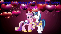 Size: 1280x720 | Tagged: safe, artist:fritzybeat, artist:user15432, princess cadance, shining armor, alicorn, pony, unicorn, g4, neigh anything, animated, female, heart, heart background, hoof on back, horn, link in description, looking at you, male, mare, music, open mouth, open smile, pink background, ship:shiningcadance, shipping, simple background, smiling, smiling at you, sound, sound only, stallion, straight, webm, youtube link