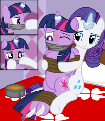Size: 2000x2292 | Tagged: safe, artist:cardshark777, rarity, twilight sparkle, alicorn, unicorn, g4, 3 panel comic, bed, blushing, bondage, bound and gagged, bound wings, comic, digital art, duct tape, duo, eyeliner, eyeshadow, feather, female, femsub, gag, helpless, hoof on cheek, hoof tickling, hooves behind back, horn, horn ring, lidded eyes, looking at someone, looking down, magic suppression, makeup, one eye closed, pillar, pillow, ring, rope, rope bondage, sitting, submissive, tape, tape gag, tickling, tied up, twilight sparkle (alicorn), wings