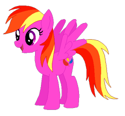 Size: 445x411 | Tagged: safe, artist:selenaede, artist:user15432, feathermay, pegasus, pony, g4, base used, generation leap, multicolored mane, multicolored tail, open mouth, open smile, pink coat, purple eyes, recolor, simple background, smiling, solo, tail, transparent background