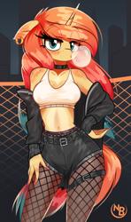Size: 2258x3813 | Tagged: safe, artist:nevobaster, oc, oc only, oc:sheron, unicorn, anthro, bedroom eyes, belly button, bubblegum, city, clothes, collar, denim, eyeshadow, female, fishnet clothing, fishnet stockings, food, freckles, gum, horn, jacket, jeans, lidded eyes, looking at you, makeup, nail polish, night, pants, piercing, shorts, solo, solo female, stockings, thigh highs