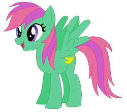 Size: 440x387 | Tagged: safe, artist:selenaede, artist:user15432, banana bliss, pegasus, pony, g4, base used, generation leap, green coat, open mouth, open smile, pink mane, pink tail, recolor, simple background, smiling, solo, tail, transparent background
