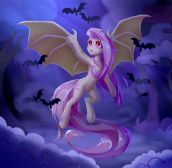 Size: 3000x2916 | Tagged: safe, artist:setharu, fluttershy, bat, bat pony, semi-anthro, collaboration:bestiary of fluttershy, g4, armpits, bat ponified, bat wings, belly, belly button, collaboration, cute, female, flutterbat, human shoulders, humanoid torso, long tail, race swap, red eyes, solo, spread wings, tail, wings