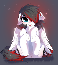 Size: 3386x3755 | Tagged: safe, artist:empress-twilight, oc, oc only, oc:jet blast, pegasus, pony, belly, belly button, blushing, butt, chest fluff, cute, ear fluff, featureless crotch, female, floppy ears, fluffy, frog (hoof), hair over one eye, hoof fluff, hoofbutt, mare, mlem, multicolored hair, ocbetes, plot, silly, sitting, solo, tongue out, underhoof