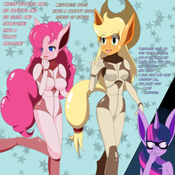 Size: 4000x4000 | Tagged: safe, artist:idpet, part of a set, applejack, pinkie pie, twilight sparkle, earth pony, unicorn, anthro, unguligrade anthro, g4, abstract background, absurd resolution, bodysuit, breasts, clothes, dialogue, eye clipping through hair, female, gendo pose, glasses, gullible, horn, sparkly eyes, wingding eyes