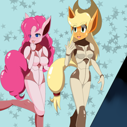 Size: 4000x4000 | Tagged: safe, alternate version, artist:idpet, part of a set, applejack, pinkie pie, earth pony, anthro, unguligrade anthro, g4, abstract background, absurd resolution, bodysuit, breasts, clothes, duo, eye clipping through hair, female, open mouth, sparkly eyes, wingding eyes