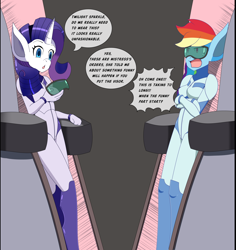 Size: 3400x3600 | Tagged: safe, artist:idpet, part of a set, rainbow dash, rarity, anthro, unguligrade anthro, annoyed, bodysuit, breasts, clothes, dialogue, duo, female, high res, hypnogear, implied twilight sparkle, offscreen character, visor