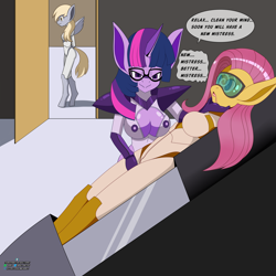Size: 4000x4000 | Tagged: safe, artist:idpet, part of a set, derpy hooves, fluttershy, twilight sparkle, pegasus, unicorn, anthro, unguligrade anthro, absurd resolution, bodysuit, boob window, breasts, busty twilight sparkle, cleavage, clothes, dialogue, drool, female, glasses, horn, hypnogear, hypnosis, lying down, smiling, smirk, twidom, visor