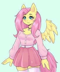 Size: 1500x1800 | Tagged: safe, artist:artkett1412, fluttershy, pegasus, anthro, g4, blue background, blushing, breasts, choker, clothes, cute, female, shirt, shyabetes, simple background, skirt, socks, solo, stockings, thigh highs, zettai ryouiki