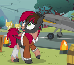 Size: 1290x1130 | Tagged: safe, artist:anonymous, oc, oc:new roads, bat pony, human, pony, equestria at war mod, /ptfg/, airfield, barrel, bat pony oc, battlefield, bomber jacket, bush, clothes, crate, female, grass, heterochromia, house, human to pony, jacket, jewelry, looking up, mid-transformation, necklace, open mouth, pilot, plane, ponyville, socks, solo, transformation, tree
