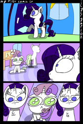 Size: 1082x1608 | Tagged: safe, artist:icycrymelon, rarity, sweetie belle, pony, unicorn, g4, angry, big eyes, comic, crying, duo, female, horn, mannequin, mare, short comic, siblings, sisters, younger