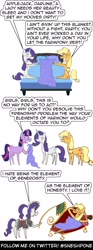 Size: 1000x2700 | Tagged: safe, artist:sneshpone, applejack, rarity, twilight sparkle, unicorn, g4, look before you sleep, bed, blanket, element of generosity, element of honesty, fainting couch, fan, french maid, kiss mark, lipstick, maid, simple background, sleepover, unicorn twilight, white background