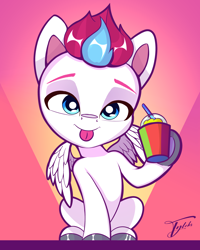 Size: 2160x2700 | Tagged: safe, artist:tyleks, zipp storm, pegasus, pony, g5, chibi, cute, drink, female, hoof hold, hooves, human shoulders, magnetic hooves, mare, signature, simple background, small wings, smiling, smoothie, solo, stylized, wings