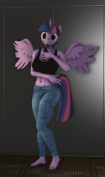 Size: 1278x2160 | Tagged: safe, artist:zgsfm, twilight sparkle, alicorn, anthro, plantigrade anthro, g4, 3d, 3d model, barefoot, belly button, breasts, clothes, erect nipples, feet, female, gloves, grin, horn, looking at you, mare, midriff, nipple outline, nipples, no catchlights, nudity, phone, selfie, smiling, solo, spread wings, twilight sparkle (alicorn), wings