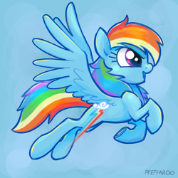 Size: 2048x2048 | Tagged: safe, artist:pfeffaroo, rainbow dash, pegasus, pony, g4, female, flying, mare, side view, smiling, solo, spread wings, wings