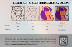 Size: 1024x672 | Tagged: safe, artist:cobaltskies002, pony, advertisement, colored, commission, commission info, flat colors, lineart, price sheet, prices, sketch