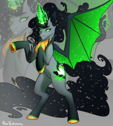 Size: 1080x1200 | Tagged: safe, artist:alexyoshirama, oc, oc only, bat pony, pony, bipedal, commission, full body, glowing, glowing horn, horn, rearing, solo, zoom layer