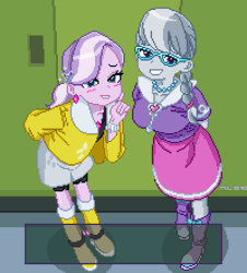 Size: 2000x2210 | Tagged: safe, artist:gonicfanfic, diamond tiara, silver spoon, equestria girls, g4, animated, breasts, busty silver spoon, duo, duo female, female, gif, korean, pixel art