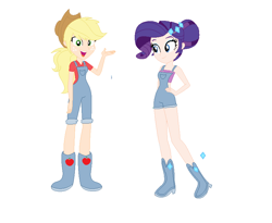 Size: 840x688 | Tagged: safe, artist:frankta1, artist:selenaede, applejack, rarity, human, equestria girls, g4, alternate hairstyle, applejack's hat, base used, boots, clothes, cowboy hat, duo, eyeshadow, female, freckles, hat, high heel boots, humanized, lesbian, makeup, open mouth, overalls, ship:rarijack, shipping, shirt, shoes, simple background, t-shirt, white background