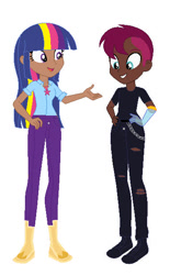 Size: 380x614 | Tagged: safe, artist:frankta1, artist:selenaede, tempest shadow, twilight sparkle, human, alternate hairstyle, amputee, base used, boots, clothes, dark skin, duo, duo female, female, grin, humanized, jeans, jewelry, lesbian, necklace, open mouth, pants, prosthetic arm, prosthetic limb, prosthetics, ripped jeans, ripped pants, ship:tempestlight, shipping, shirt, shoes, simple background, smiling, t-shirt, torn clothes, white background