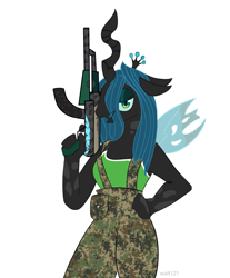 Size: 2361x2857 | Tagged: safe, artist:walt121, queen chrysalis, anthro, g4, ak-47, antagonist, armor, army, assault rifle, female, gun, mare, nature, rifle, sexy, simple background, solo, villainess, war, weapon, white background