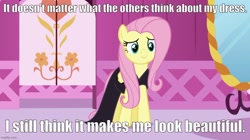 Size: 888x499 | Tagged: safe, edit, edited screencap, screencap, fluttershy, pony, g4, scare master, caption, carousel boutique, clothes, dress, image macro, imgflip, solo, text
