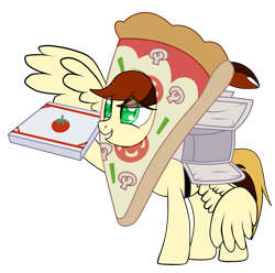 Size: 2524x2500 | Tagged: safe, artist:yesic01, oc, oc only, oc:toffie, pegasus, pony, base used, clothes, commission, costume, female, food, food costume, grin, mare, mascot costume, pizza, pizza box, pizza costume, raised hoof, simple background, smiling, solo, transparent background, wingless, ych result