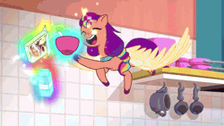 Size: 1280x720 | Tagged: safe, screencap, izzy moonbow, señor butterscotch, sunny starscout, alicorn, pony, unicorn, g5, my little pony: tell your tale, the blockywockys, spoiler:g5, spoiler:my little pony: tell your tale, spoiler:tyts02e00, absurd file size, absurd gif size, animated, artificial horn, artificial wings, augmented, bags under eyes, cereal, fail, food, gif, horn, magic, magic horn, magic wings, milk, race swap, slow motion, spoon, sunnycorn, telekinesis, tired, wings