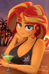 Size: 1994x3038 | Tagged: safe, artist:theretroart88, sunset shimmer, human, equestria girls, g4, alcohol, beach, beautiful, beauty mark, bedroom eyes, big breasts, bikini, bikini top, bracelet, breasts, busty sunset shimmer, cleavage, clothes, female, glass, jewelry, looking at you, martini, martini glass, palm tree, sexy, smiling, smiling at you, solo, stupid sexy sunset shimmer, swimsuit, tree