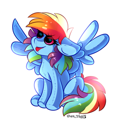 Size: 1947x2038 | Tagged: safe, artist:yuris, rainbow dash, original species, pegasus, plush pony, pony, g4, concave belly, female, open mouth, plushie, simple background, sitting, smiling, solo, toy, white background