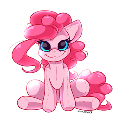 Size: 1947x2038 | Tagged: safe, artist:yuris, pinkie pie, earth pony, original species, plush pony, pony, female, looking at you, plushie, simple background, sitting, smiling, smiling at you, solo, toy, white background