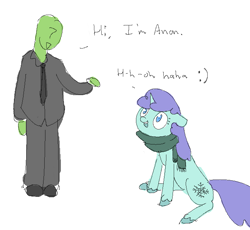 Size: 649x597 | Tagged: safe, anonymous artist, artist:anonymous, oc, oc only, oc:anon, oc:ice breaker, pony, unicorn, 4chan, awkward, awkward moment, awkward smile, blue skin, clothes, duo, duo male and female, emoticon, female, green skin, horn, looking at each other, looking at someone, male, necktie, purple mane, purple tail, scarf, simple background, sitting, smiley face, smiling, speech bubble, suit, tail, tuxedo, unshorn fetlocks, white background