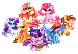 Size: 5047x3538 | Tagged: safe, artist:yuris, applejack, fluttershy, pinkie pie, rainbow dash, rarity, sunset shimmer, twilight sparkle, alicorn, earth pony, original species, pegasus, plush pony, pony, unicorn, g4, blushing, book, female, heart, heart pillow, horn, lying down, mane six, on side, open mouth, pillow, plushie, prone, reading, selling, simple background, sitting, smiling, spread wings, twilight sparkle (alicorn), white background, wings