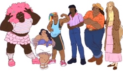 Size: 1179x700 | Tagged: safe, artist:justinaaliza, applejack, fluttershy, pinkie pie, rainbow dash, rarity, twilight sparkle, human, clothes, cowboy hat, denim, dress, fat, hand in pocket, hat, height difference, jeans, mane six, muscles, obese, pants, peace sign, pink hair, shirt, short, shortstack, t-shirt, tall, tattoo