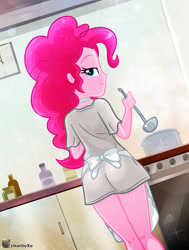 Size: 2659x3522 | Tagged: safe, artist:charliexe, pinkie pie, human, equestria girls, g4, 2d, adorasexy, apron, ass, balloonbutt, beautiful, beautisexy, bedroom eyes, butt, clothes, cooking, cute, eyebrows, female, indoors, ladle, legs, looking at you, looking back, looking back at you, oven, pot, rear view, seductive, seductive look, seductive pose, sexy, shirt, short sleeves, signature, smiling, smiling at you, solo, stove, stupid sexy pinkie