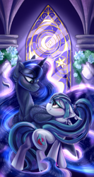 Size: 1599x3000 | Tagged: safe, artist:starcasteclipse, princess luna, sonata dusk, alicorn, earth pony, pony, duo, floppy ears, folded wings, height difference, long mane, long tail, looking at each other, looking at someone, sternocleidomastoid, tail, wings