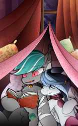 Size: 1689x2729 | Tagged: safe, artist:andaluce, oc, oc only, oc:haze northfleet, oc:malachite cluster, bat pony, pegasus, pony, bedroom, bell, bell collar, book, chest fluff, clothes, collar, cute, duo, ear fluff, female, femboy, male, mare, pillow, pillow fort, reading, scarf, socks, stallion