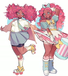 Size: 2611x2922 | Tagged: safe, artist:erinartista, pinkie pie, human, :o, afro puffs, alternate hairstyle, bag, boots, bow, bowtie, clothes, coat, cute, dark skin, diapinkes, dress, female, gloves, hair bow, hammer, humanized, magical girl, magical girl transformation, mallet, open mouth, roller skates, shirt, shoes, simple background, skates, skirt, socks, solo, stockings, thigh highs, white background