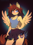 Size: 2970x4000 | Tagged: safe, artist:kirionek, oc, oc only, oc:lucy sparkle, pegasus, anthro, :3, adorasexy, big breasts, blue eyes, blushing, breasts, brown mane, cheek fluff, choker, cleavage, clothes, commission, cute, ear fluff, elbow fluff, eye clipping through hair, eyelashes, female, gradient background, hand on hip, midriff, miniskirt, no pupils, pleated skirt, pose, sexy, short shirt, shoulder fluff, skirt, smiling, solo, spread wings, tank top, thighs, wings, yellow coat