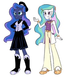 Size: 1069x1200 | Tagged: safe, artist:stevetwisp, princess celestia, princess luna, principal celestia, vice principal luna, equestria girls, g4, alternate hairstyle, belt, beret, blazer, boots, clothes, coat, duo, duo female, eyeshadow, female, grin, hat, high heels, makeup, pants, redesign, royal sisters, shirt, shoes, siblings, simple background, sisters, skirt, smiling, waistcoat, white background