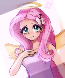 Size: 1080x1300 | Tagged: safe, artist:pulse, fluttershy, human, equestria girls, g4, butterfly hairpin, clothes, cute, female, halo, hand on chest, looking at you, shyabetes, simple background, solo, tank top, white background, wings