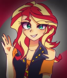Size: 1440x1684 | Tagged: safe, artist:pulse, sunset shimmer, human, equestria girls, g4, bare shoulders, breasts, cleavage, cute, eye clipping through hair, female, grin, looking at you, shimmerbetes, smiling, solo, waving