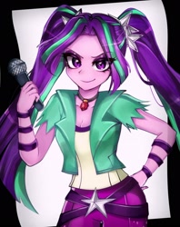 Size: 1708x2157 | Tagged: safe, artist:pulse, aria blaze, human, equestria girls, g4, breasts, cleavage, female, gem, hand on hip, microphone, pigtails, siren gem, solo, twintails